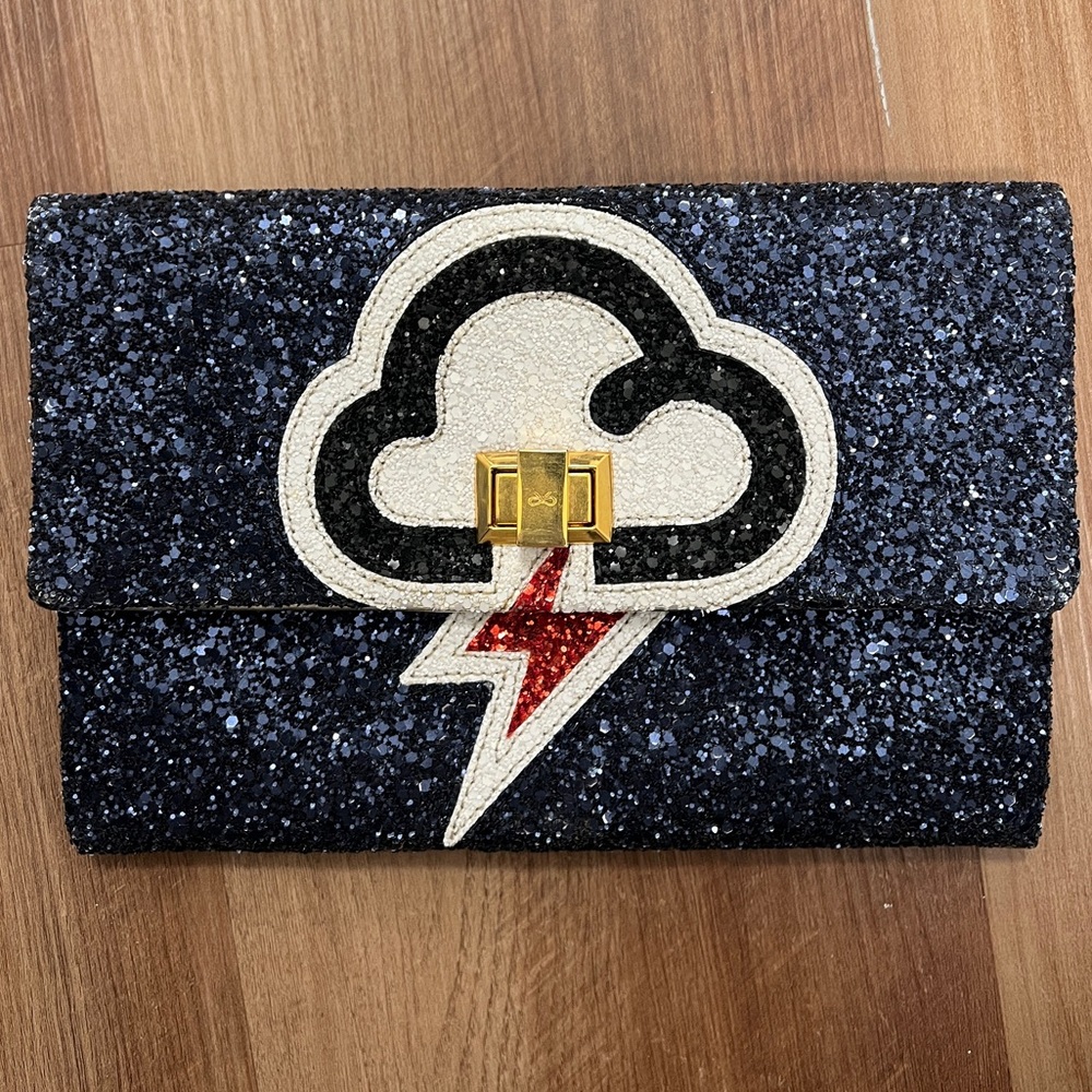 Anya Hindmarch Black Glitter Clutch with Cloud Motif